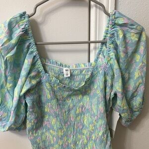 bp Pastel Aqua Floral Smocked Puff Sleeve Top